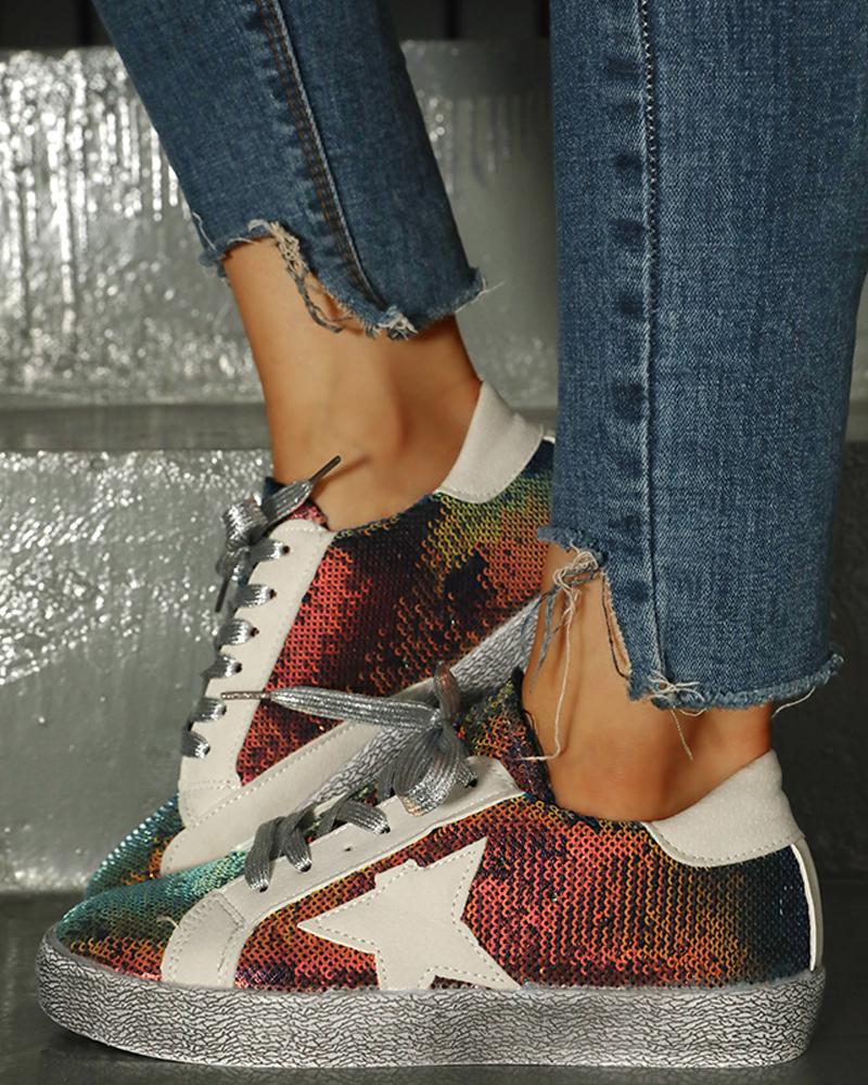 

Glitter Colorblock Star Embellished Lace-up Sneakers, Gold