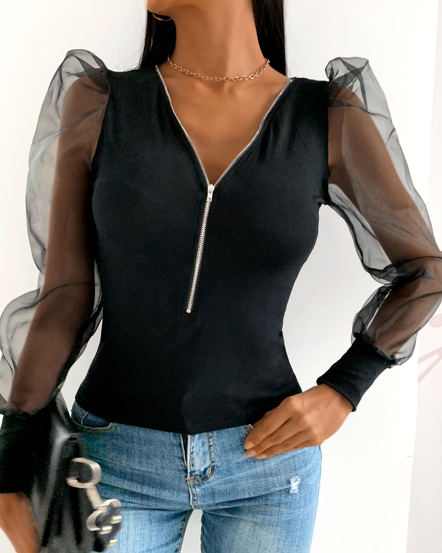 

Zipper Design Sheer Mesh Puffed Sleeve Top, Black