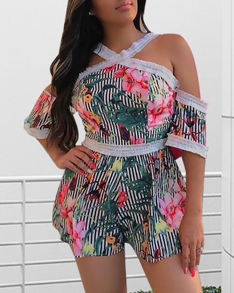 

Halter Floral Print Cold Shoulder Rompers, Green