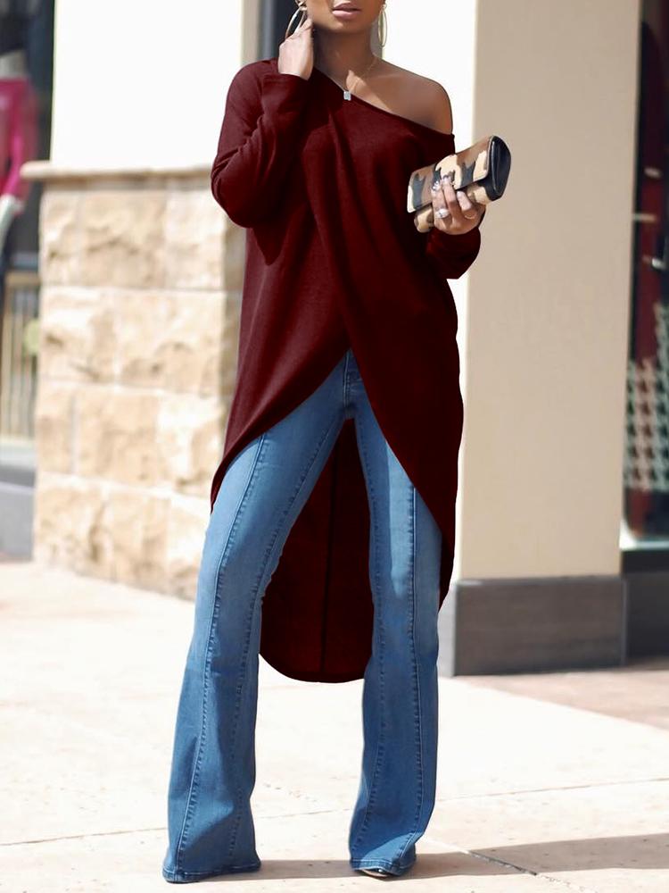 

Stylish Irregular Solid Color Women' Blouse, Wine red