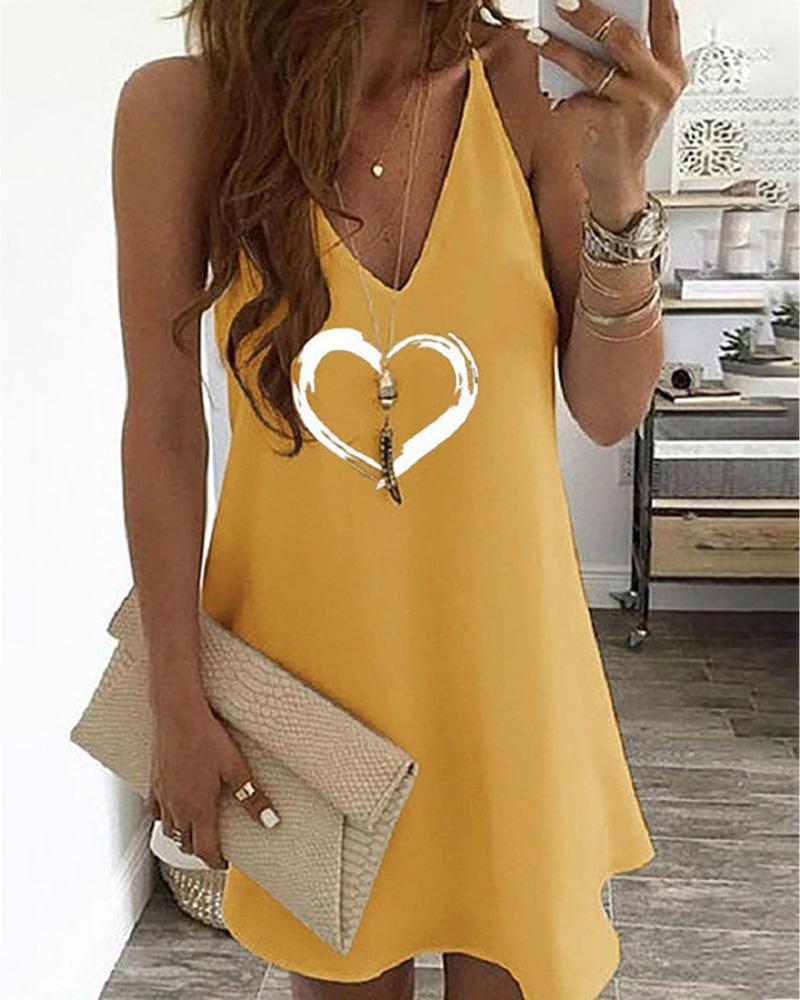 

V Neck Heart Print Dress, Yellow