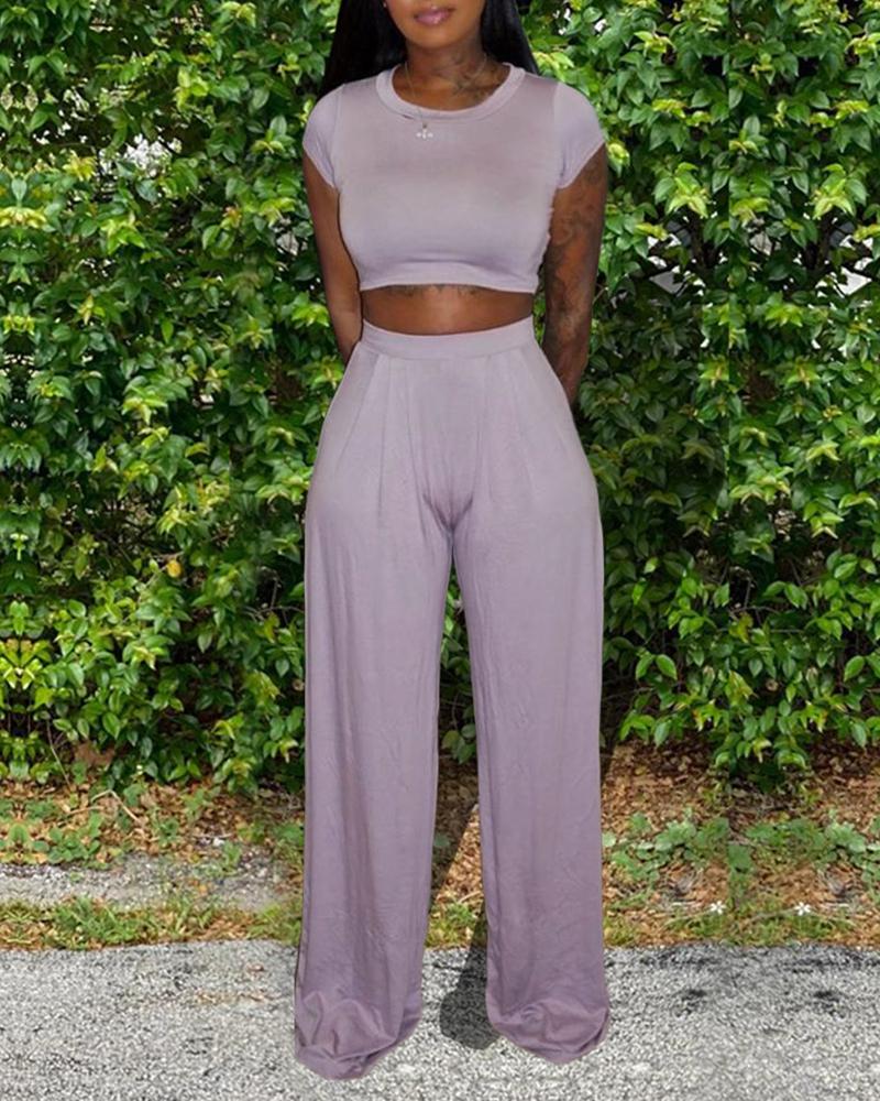 

Solid Crop Top & Pants Set, Purple