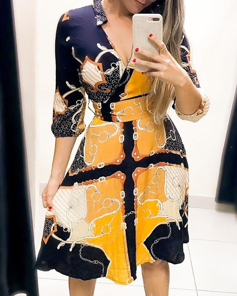 

Scarf Print V-Neck Wrap Casual Dress, Dark blue