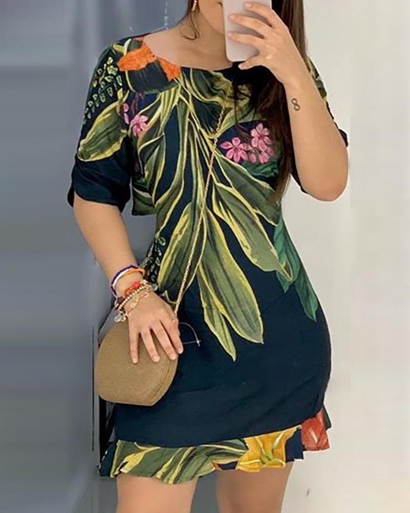 

Botanical Print Short Sleeve Dress, Purplish blue
