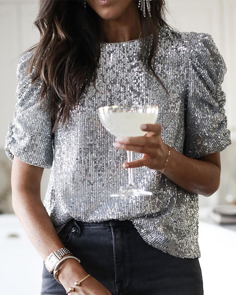 

Glitter Short Sleeve Sequins Blouse, Silver