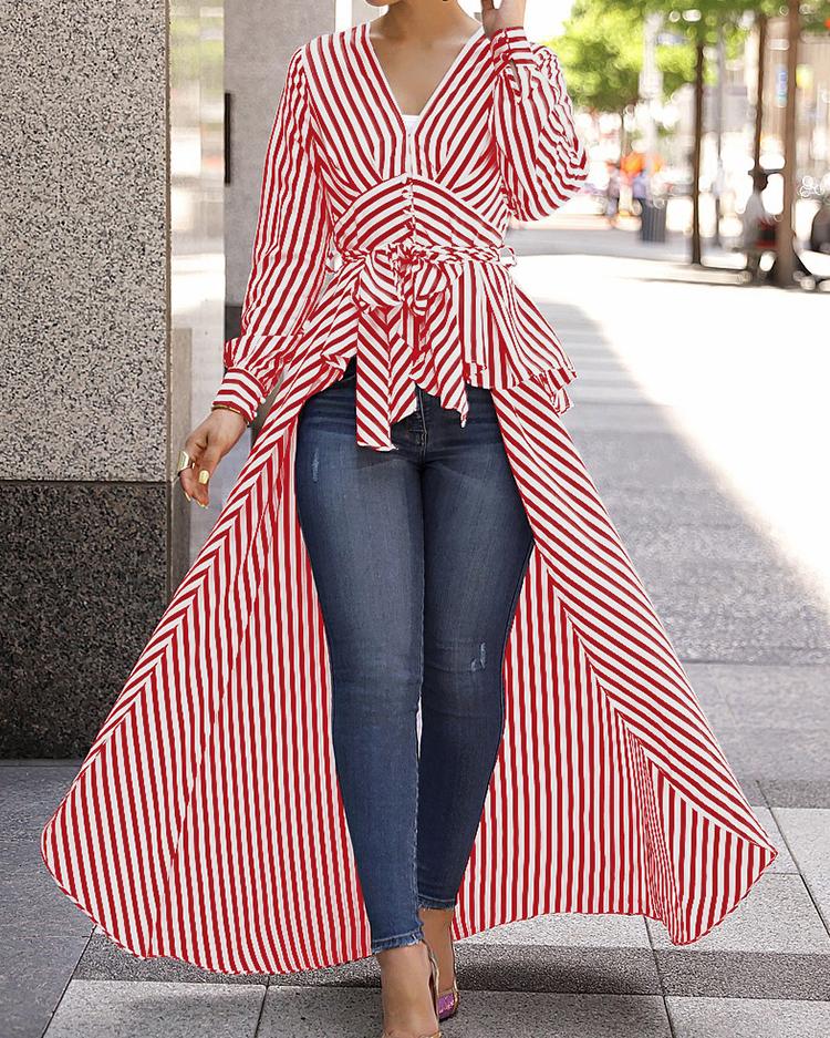 

V-Neck Striped Tie Waist Dip Hem Irregular Blouse, Red
