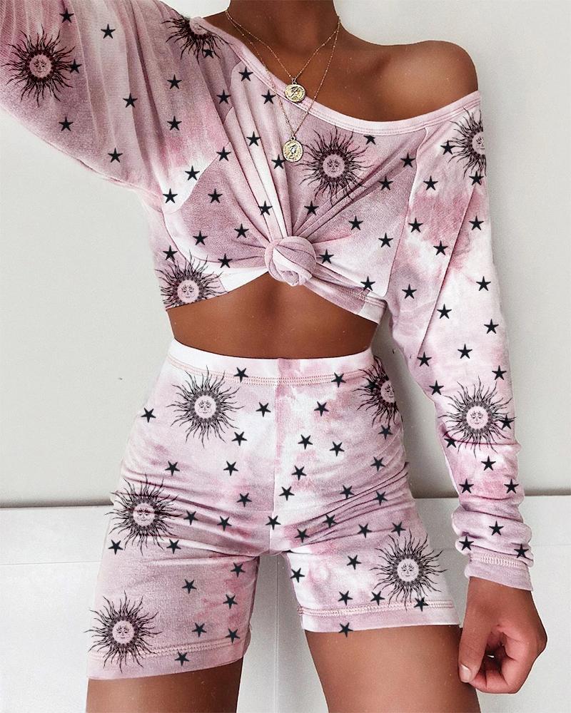 

Sun Stars Print Long Sleeve Top & Short Set, Pink