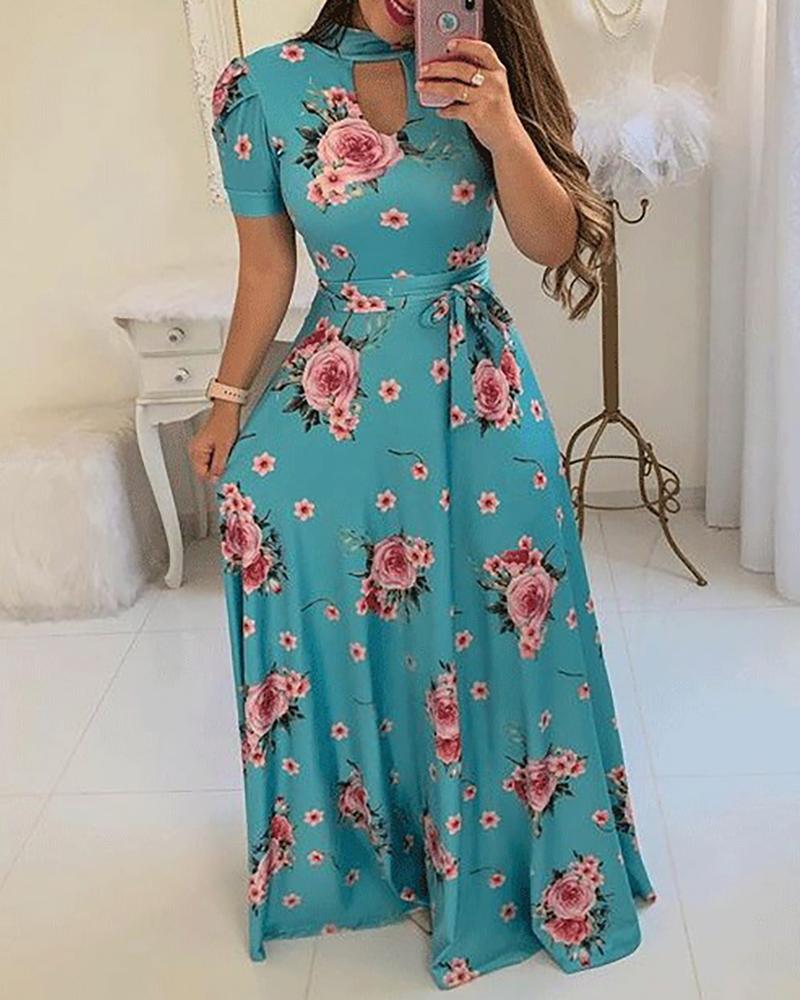 

Short Sleeve Cutout Floral Print Maxi Dress, Light blue