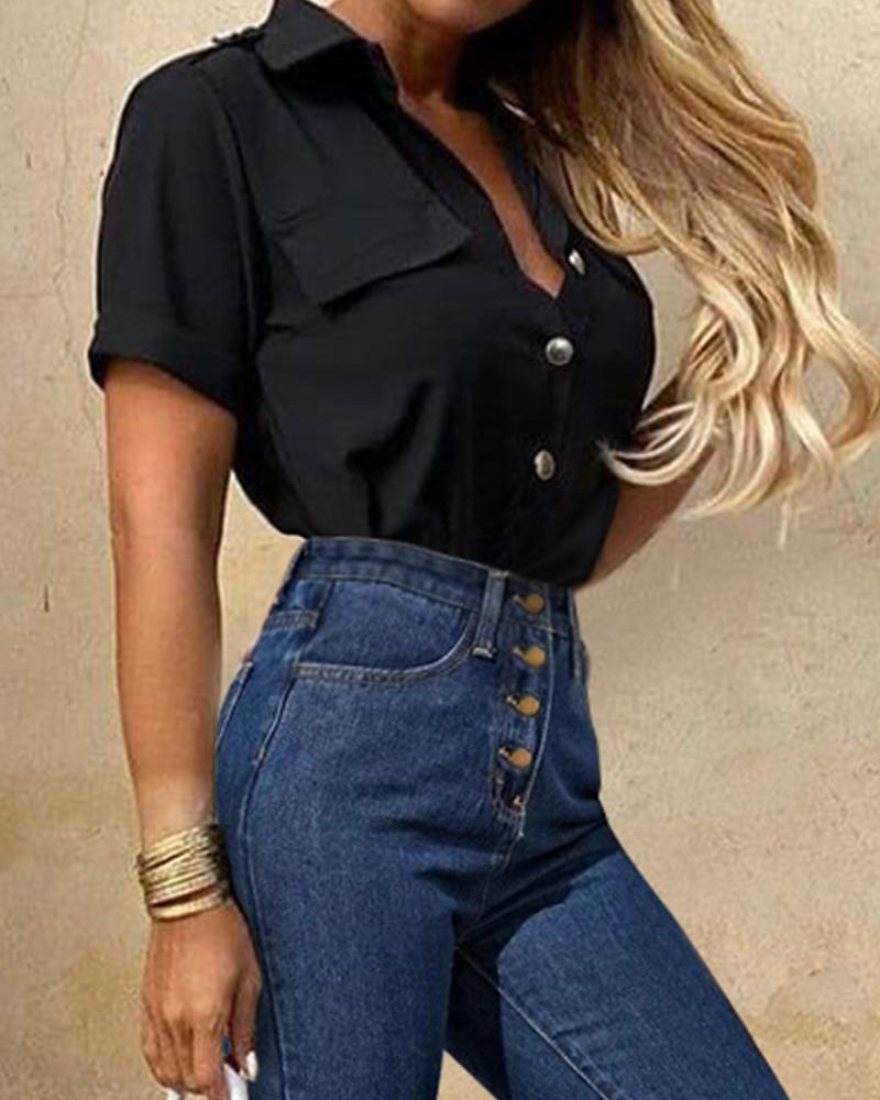 

Solid Button Design Short Sleeve Blouse, Black