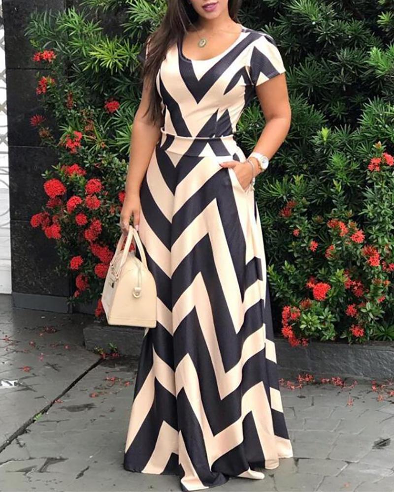 

Colorblock Wave Print Short Sleeve Maxi Dress, Beige