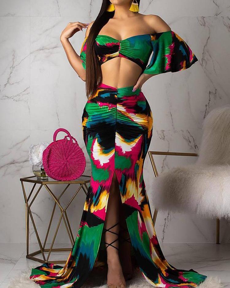

Tie Dye Ruffles Top & Maxi Slit Skirt Set, Green