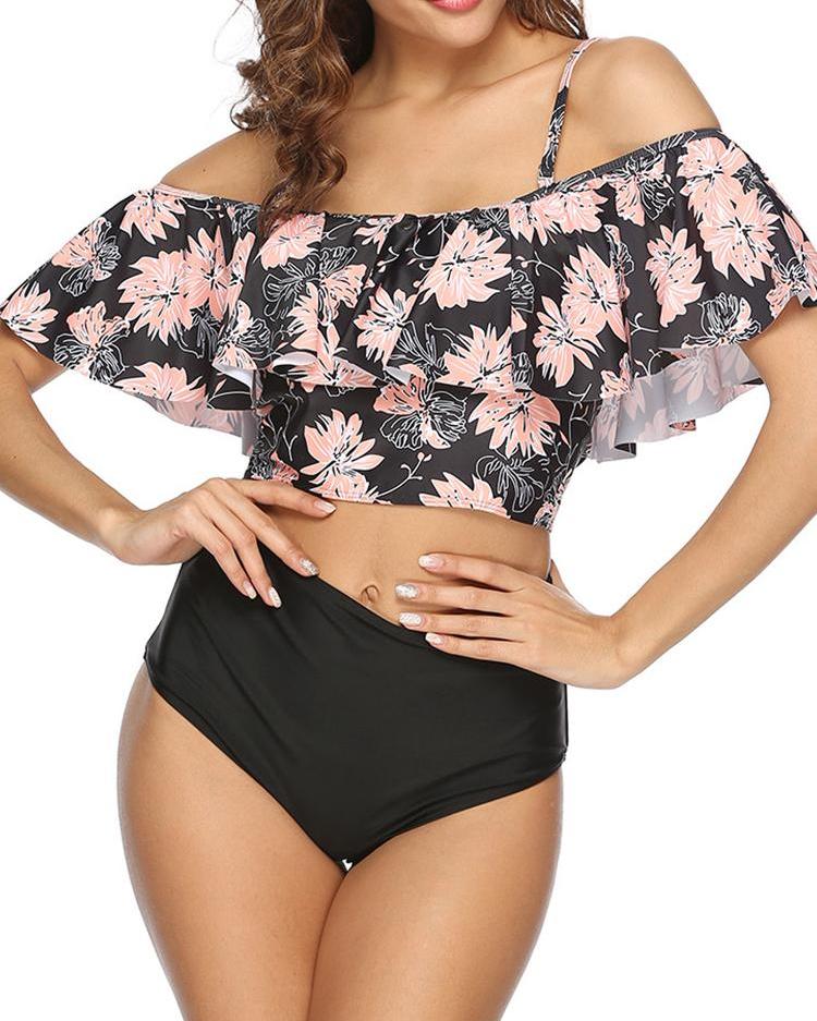 

Floral Print Ruffles High Waist Tankini Set, Black