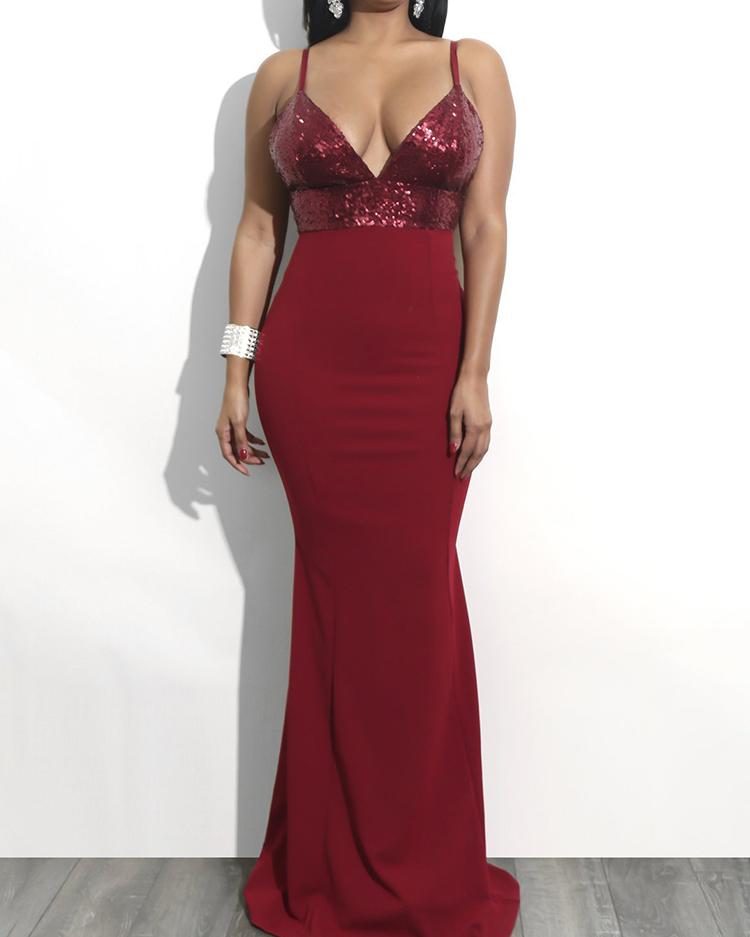 

Sequined Splicing Deep V Maxi Evening Dress, Wine red
