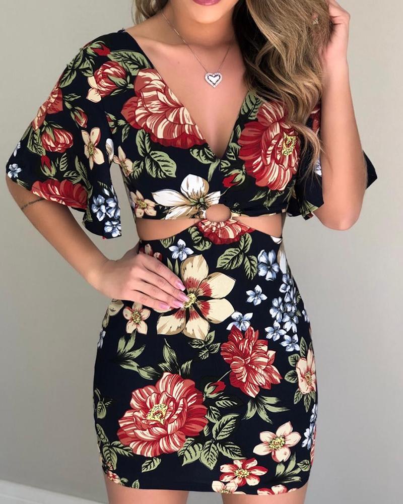 

Floral Print Cut Out Mini Dress, Black