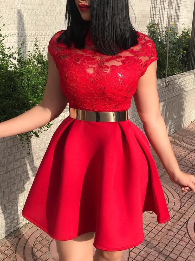 

Sheer Lace Splicing Pleated Mini Dress, Red