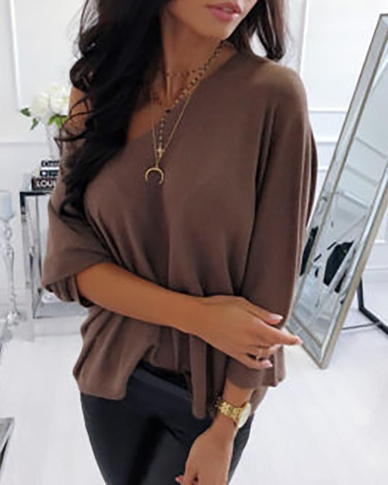 

Solid Round Neck Long Sleeve Casual Blouse, Coffee
