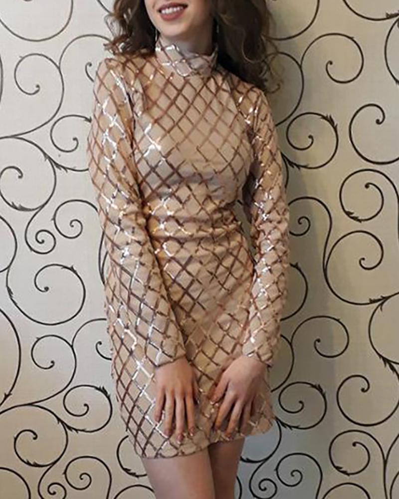 

Sequis Grid Long Sleeve Bodycon Dress, Gold