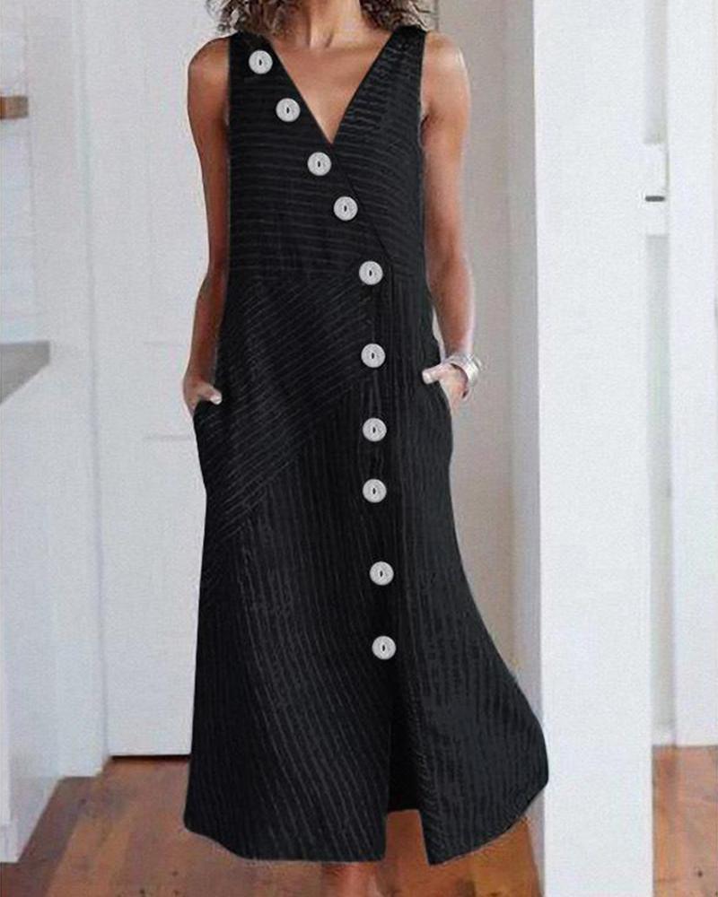

Button Design Sleeveless V-neck Striped Dress, Black