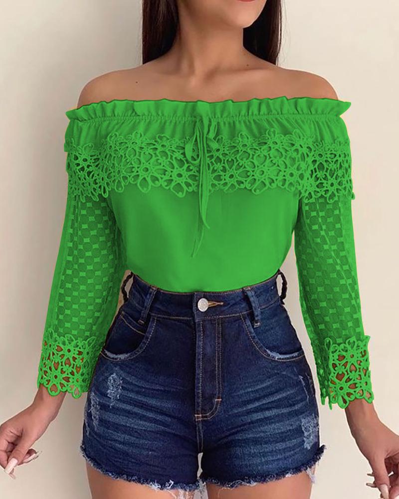 

Off Shoulder Crochet Lace Casual Blouse, Green