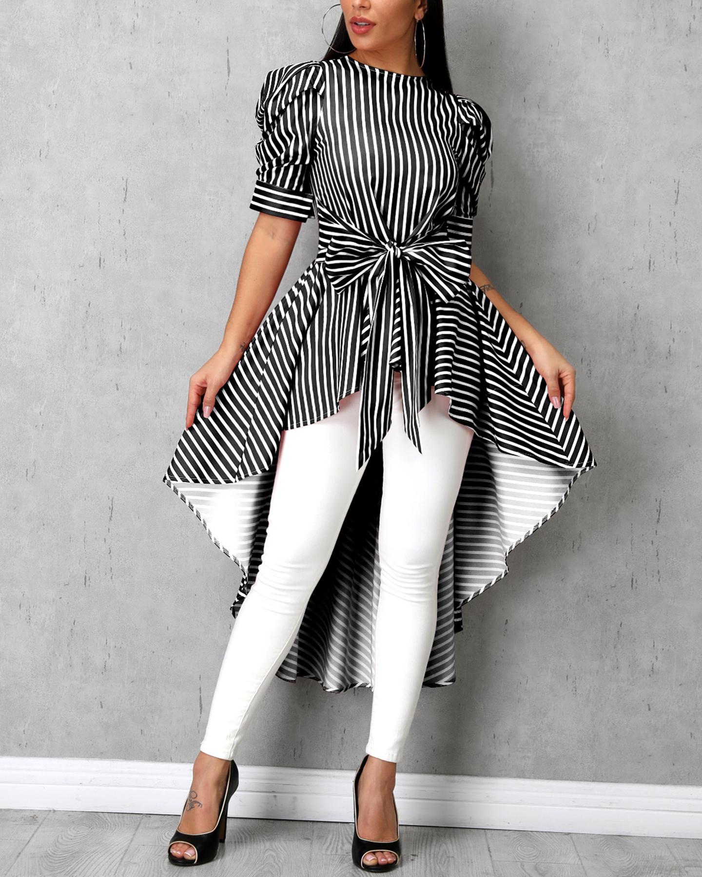

Striped Bowknot Detail Dip Hem Blouse