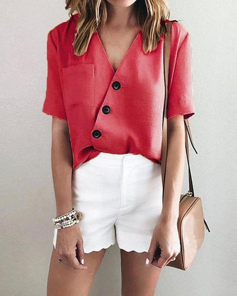 

Irregular Button V-neck Short-sleeved Top