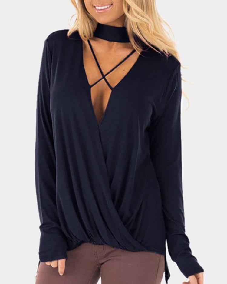 

Solid Choker Crisscross Wrap Blouse, Purplish blue