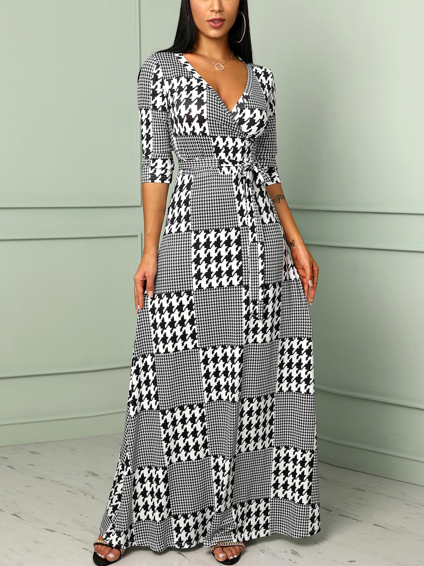 

Houndstooth Print Wrapped Belted Maxi Dress, Gray