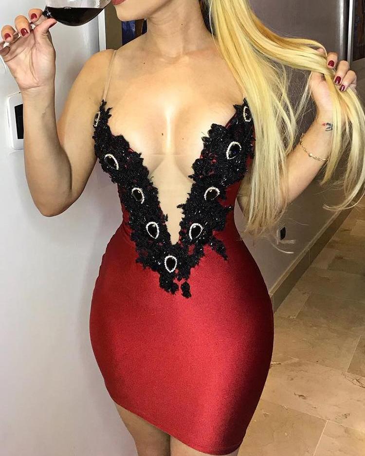 

Studded Lace Trim Mesh Insert Bodycon Dress, Dark red