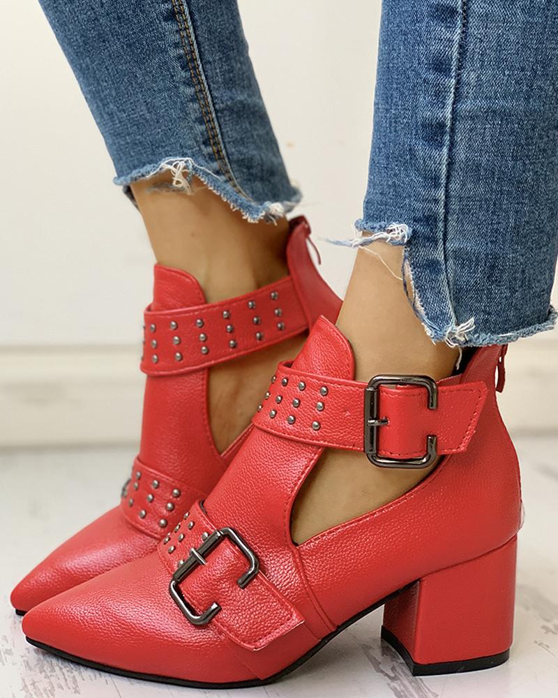 

Studded PU Ankle-buckled Pointed Toe Chunky Heels, Red