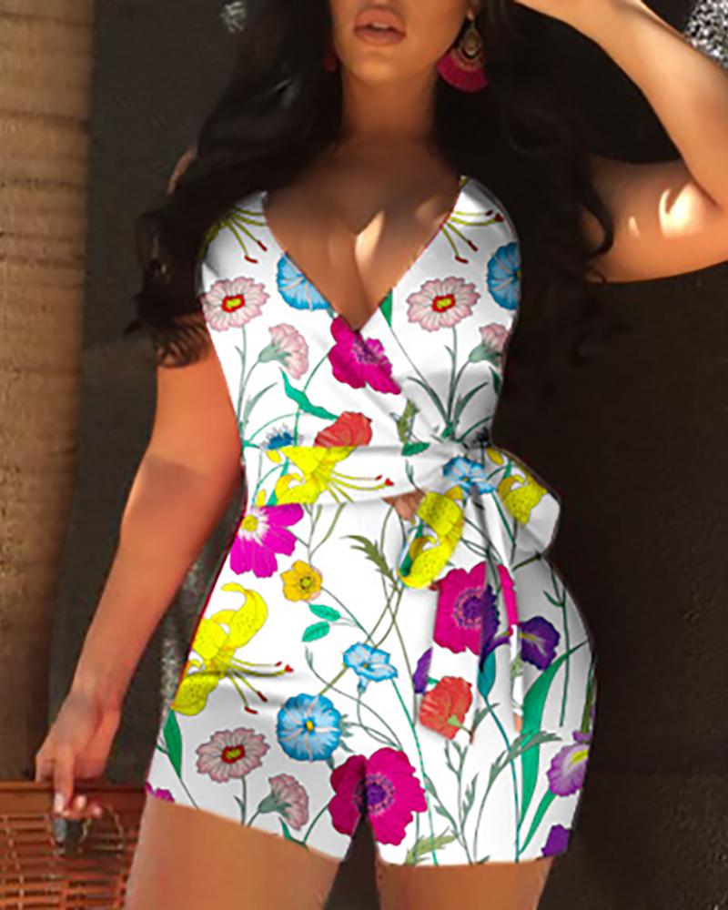 

Floral Print Wrapped Belted Sleeveless Romper, White