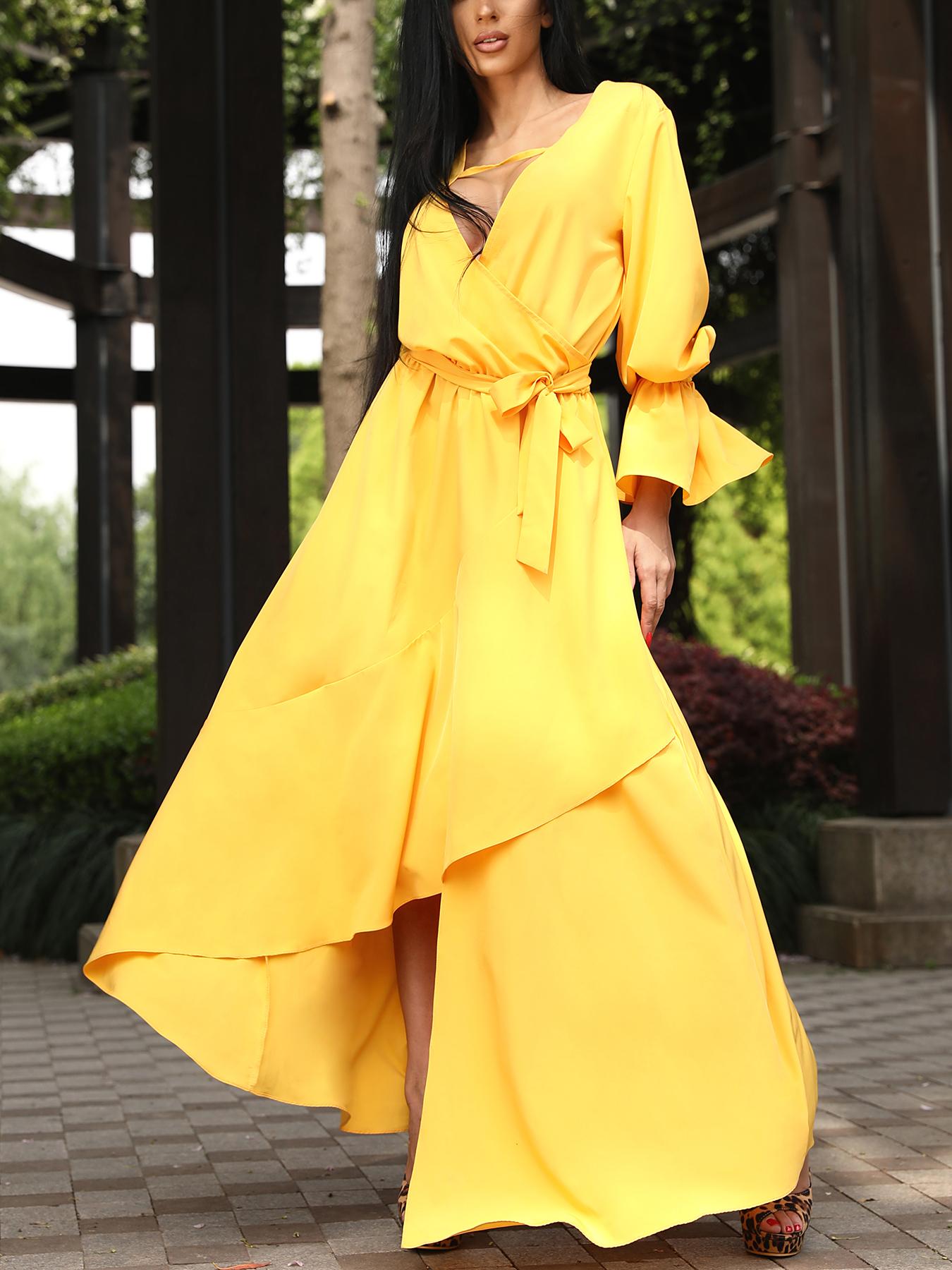 

Asymetrical Ruffle Tie Waist Dip Hem Wrap Dress, Yellow