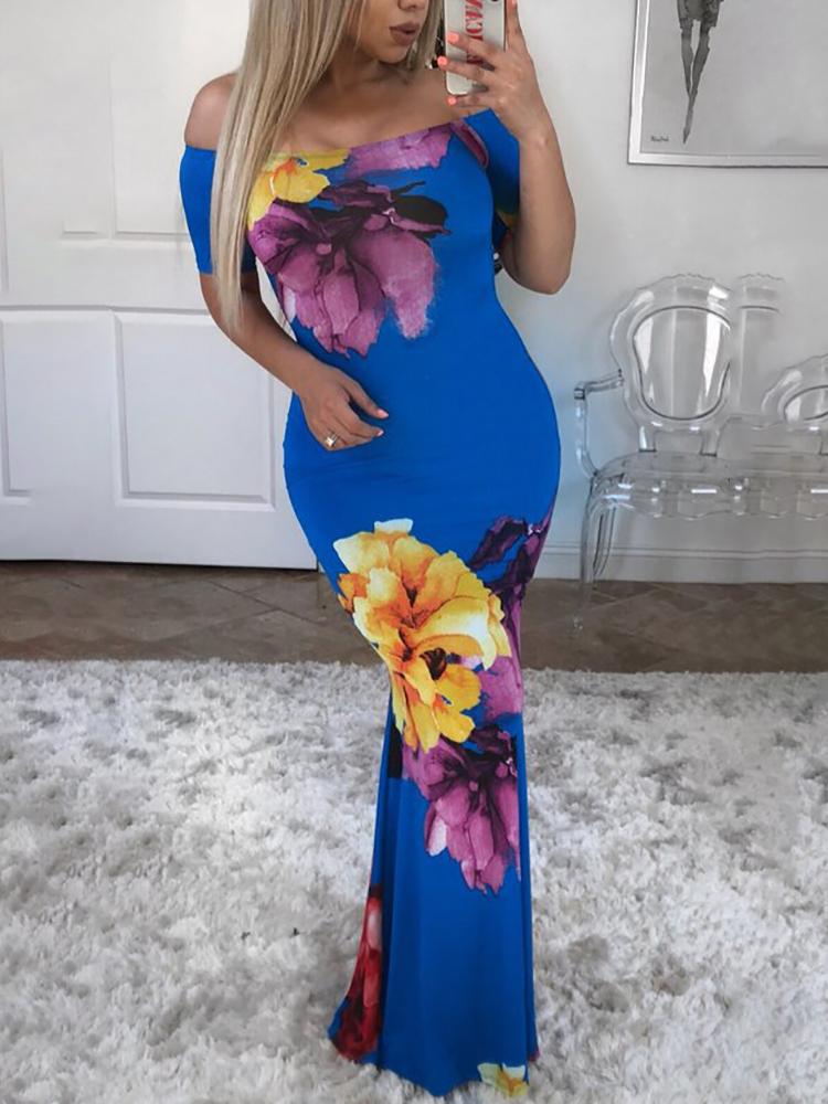 

Floral Print Off Shoulder Fishtail Dress, Blue