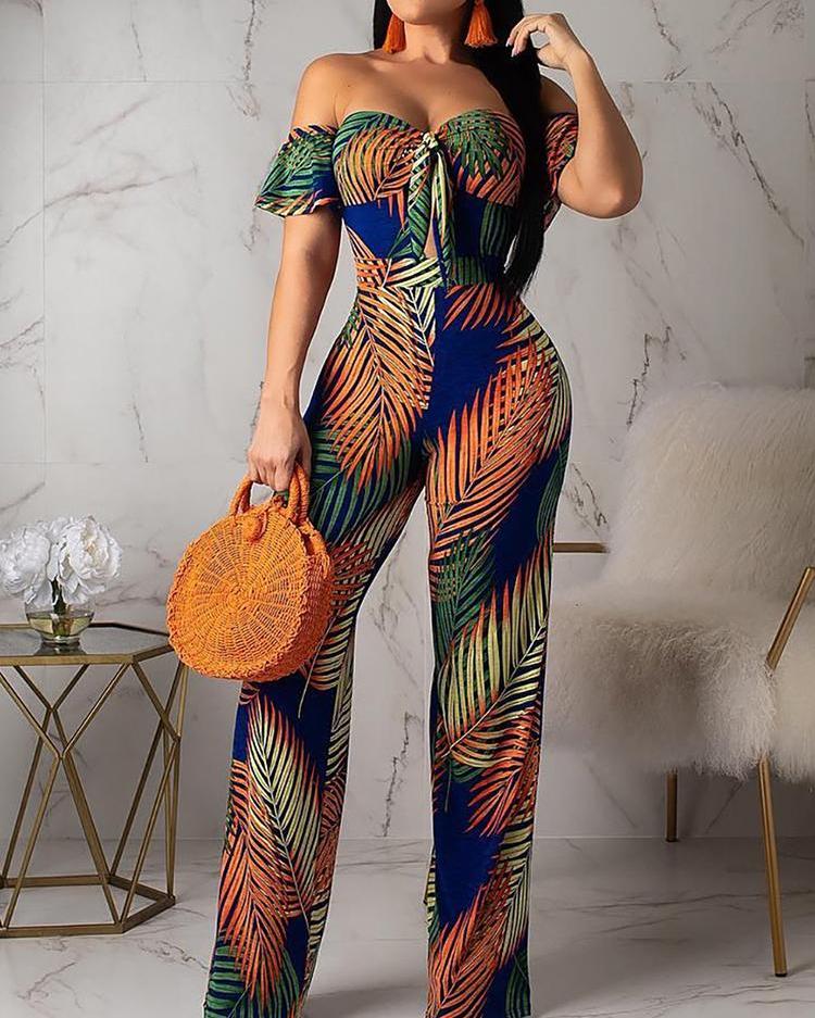 

Off Shoulder Tropical Print Knotted Jumpsuit, Orange