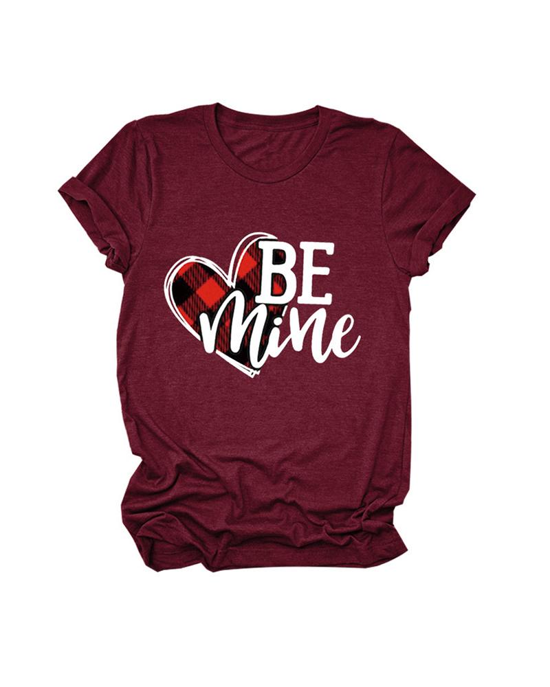 

Valentine' Day Plaid Heart Letter Print T-shirt, Wine red