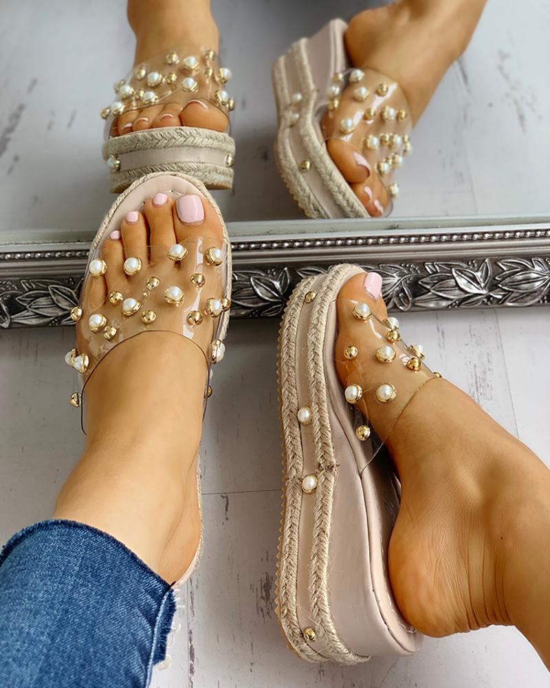 

Beaded Transparent Espadrille Platform Sandals, Apricot