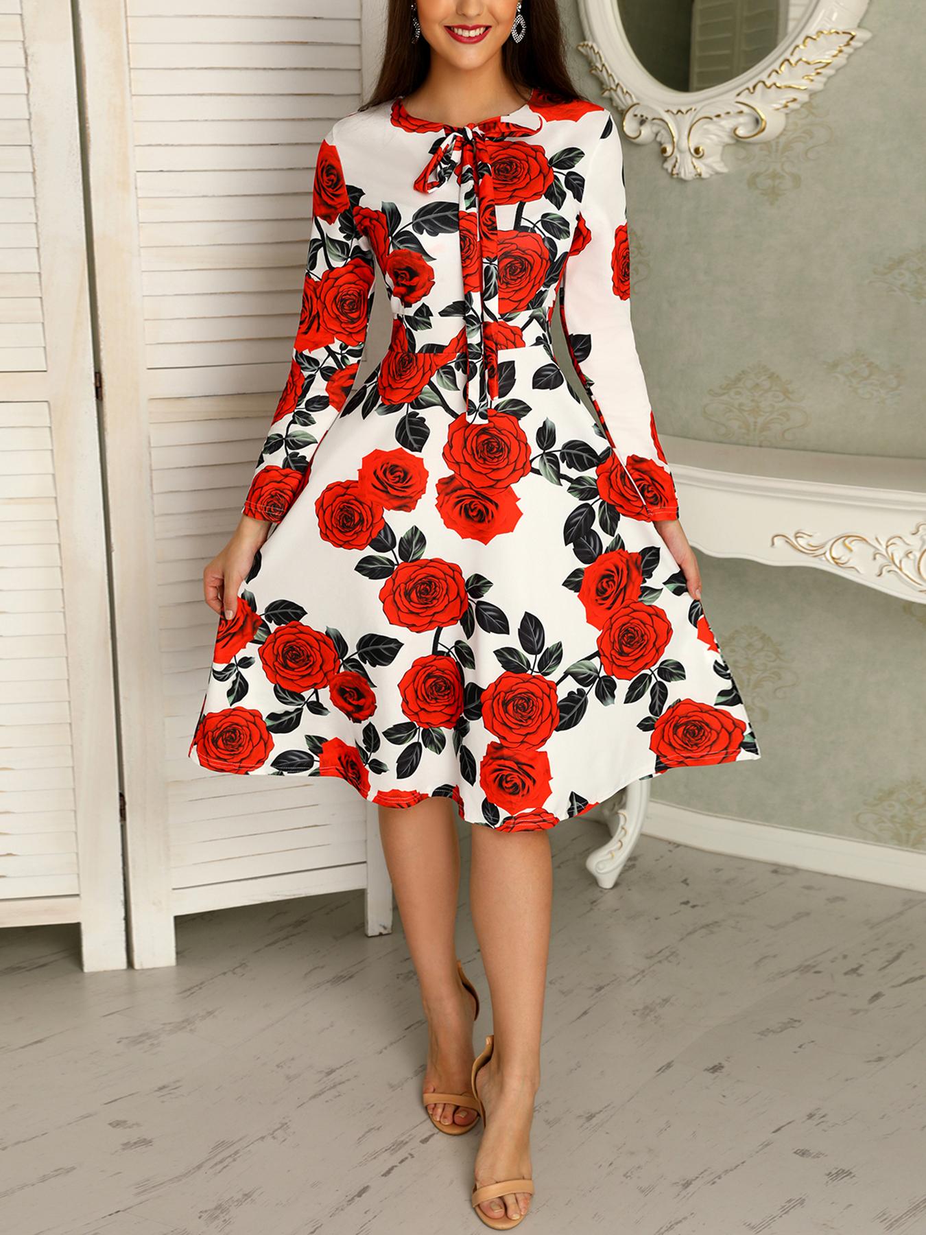

Floral Print Tie Neck Long Sleeve Dress, Red