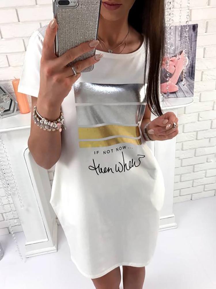 

Letter Print Pocket Design Casual Dress, White