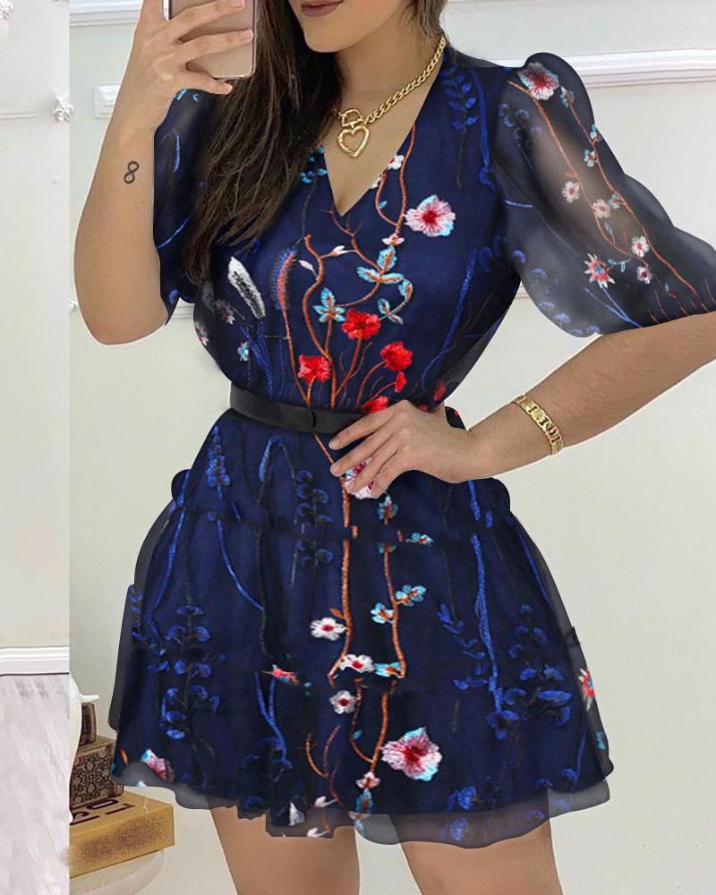 

Floral Embroidery Mesh Puff Sleeve Ruffles Casual Dress, Blue