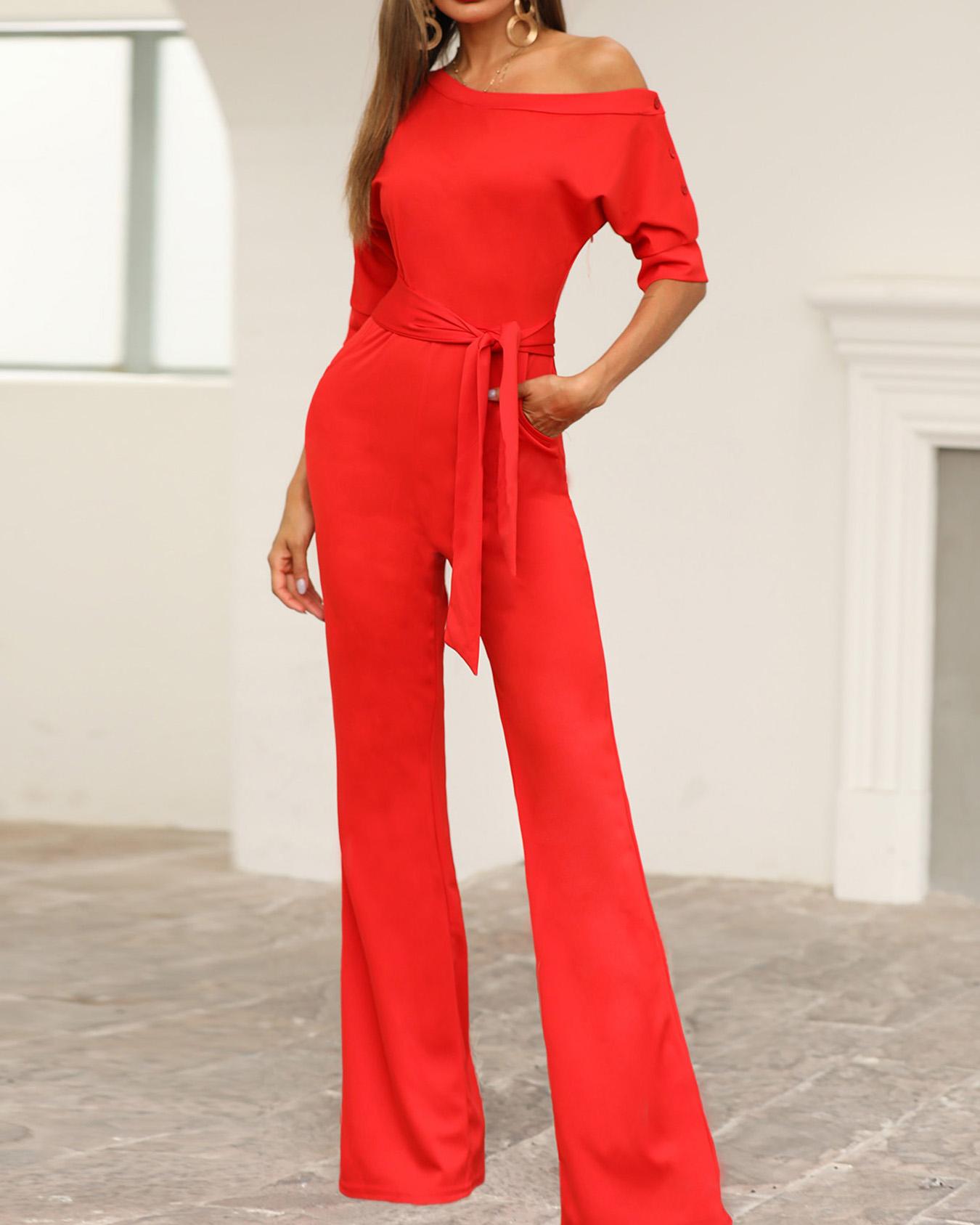 

Solid One Shoulder Tied Waist Flared Jumpsuit, Red