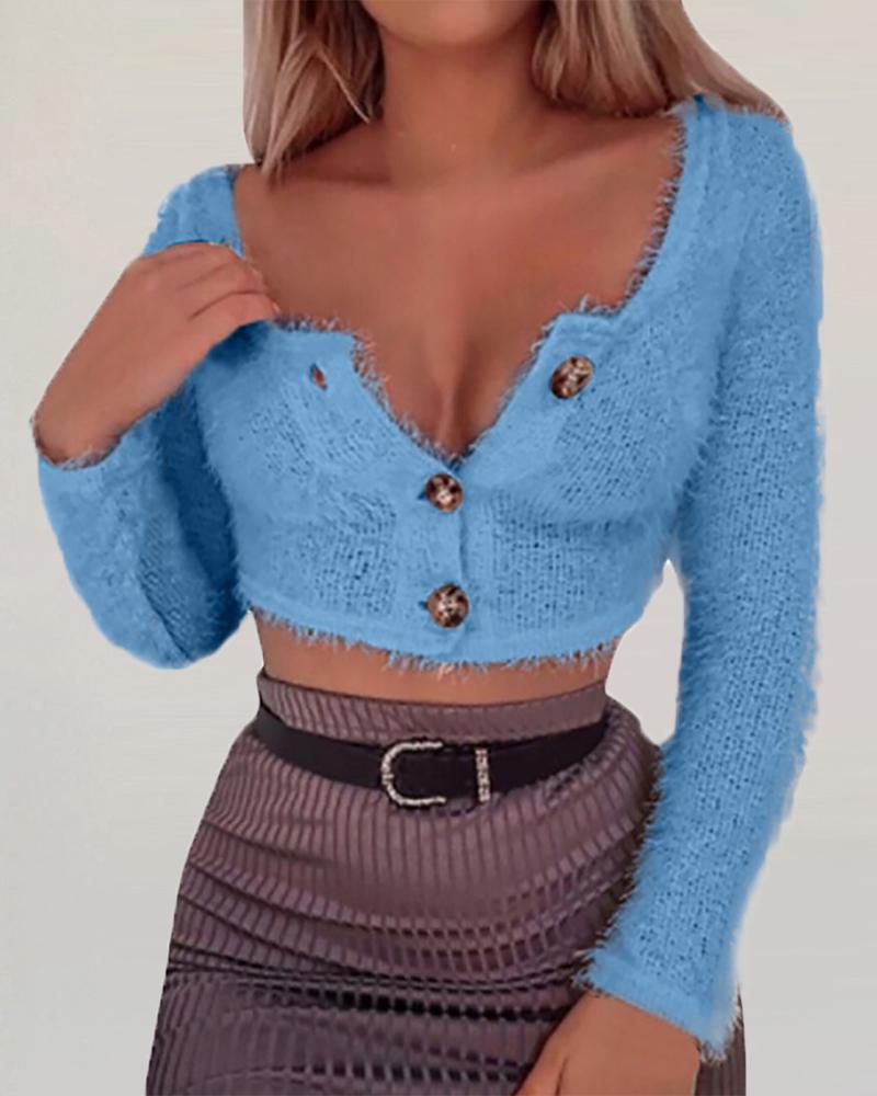 

Solid Long Sleeve Buttoned Crop Sweater, Blue
