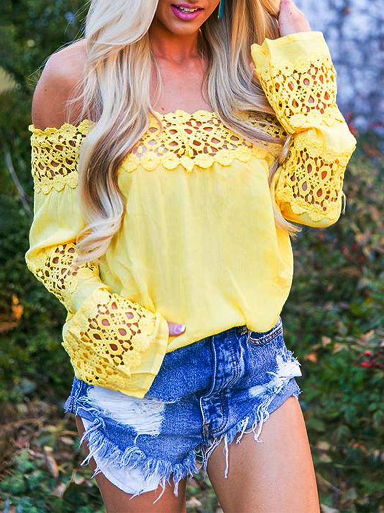 

Solid Off Shoulder Crochet Insert Blouse, Yellow