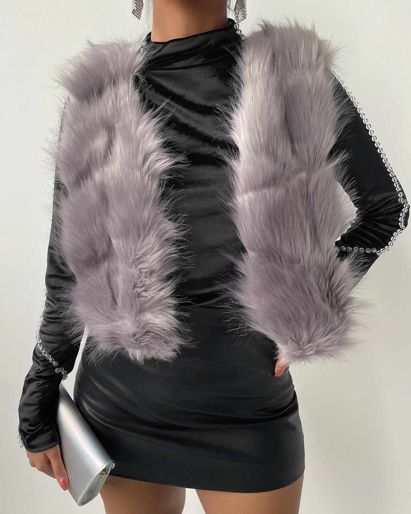 

Plain Fluffy Faux Fur Vest, Gray