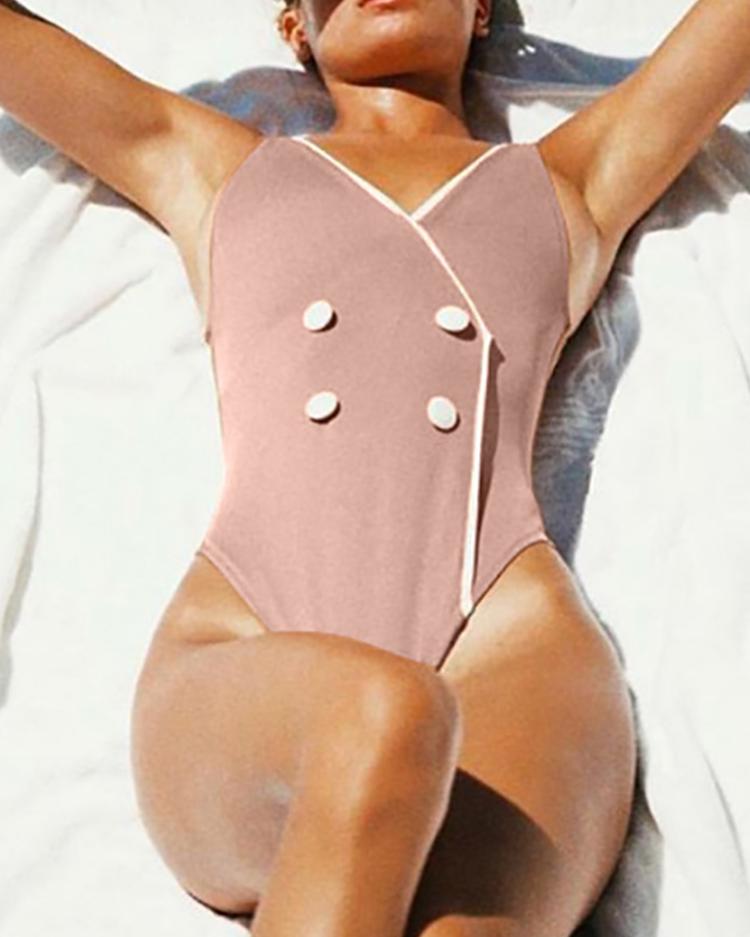 

Double-Breasted Binding One-Piece Swimsuit, Pink