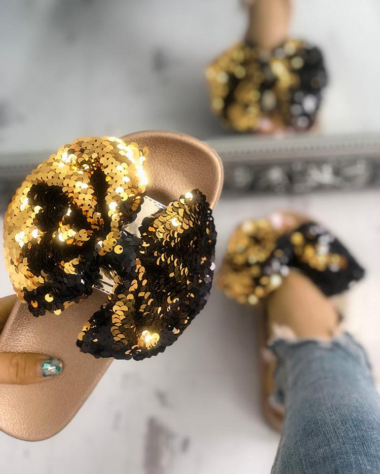 

Sequins Embellished Bowknot Flat Sandals, Gold