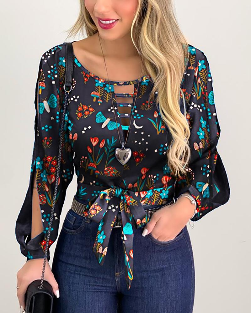 

Floral Butterfly Print Tie Front Slit Sleeve Blouse, Multicolor