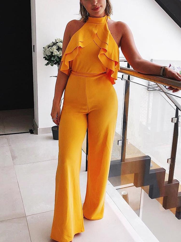

Solid Halter Ruffles Backless Wide Leg Jumpsuit
