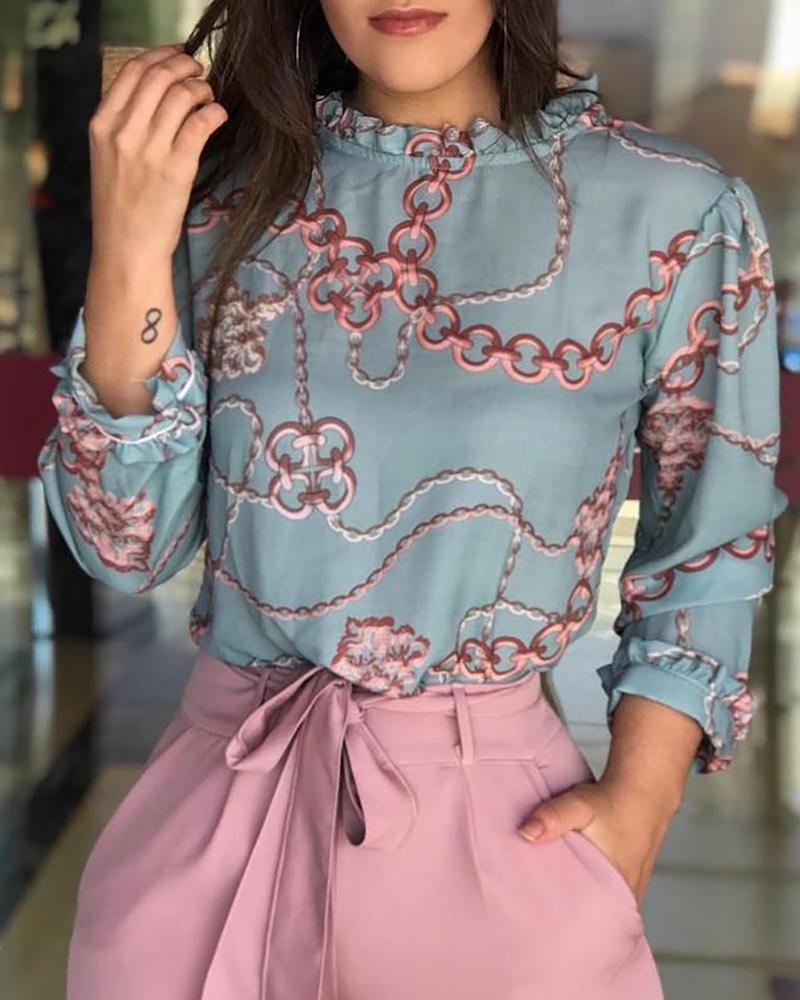 

Chain Print Frill Neck Long Sleeve Blouse