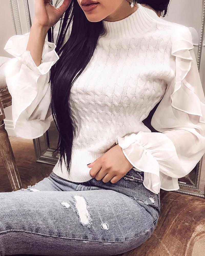 

Solid Patchwork Mesh Ruffles Sleeve Casual Sweater, White