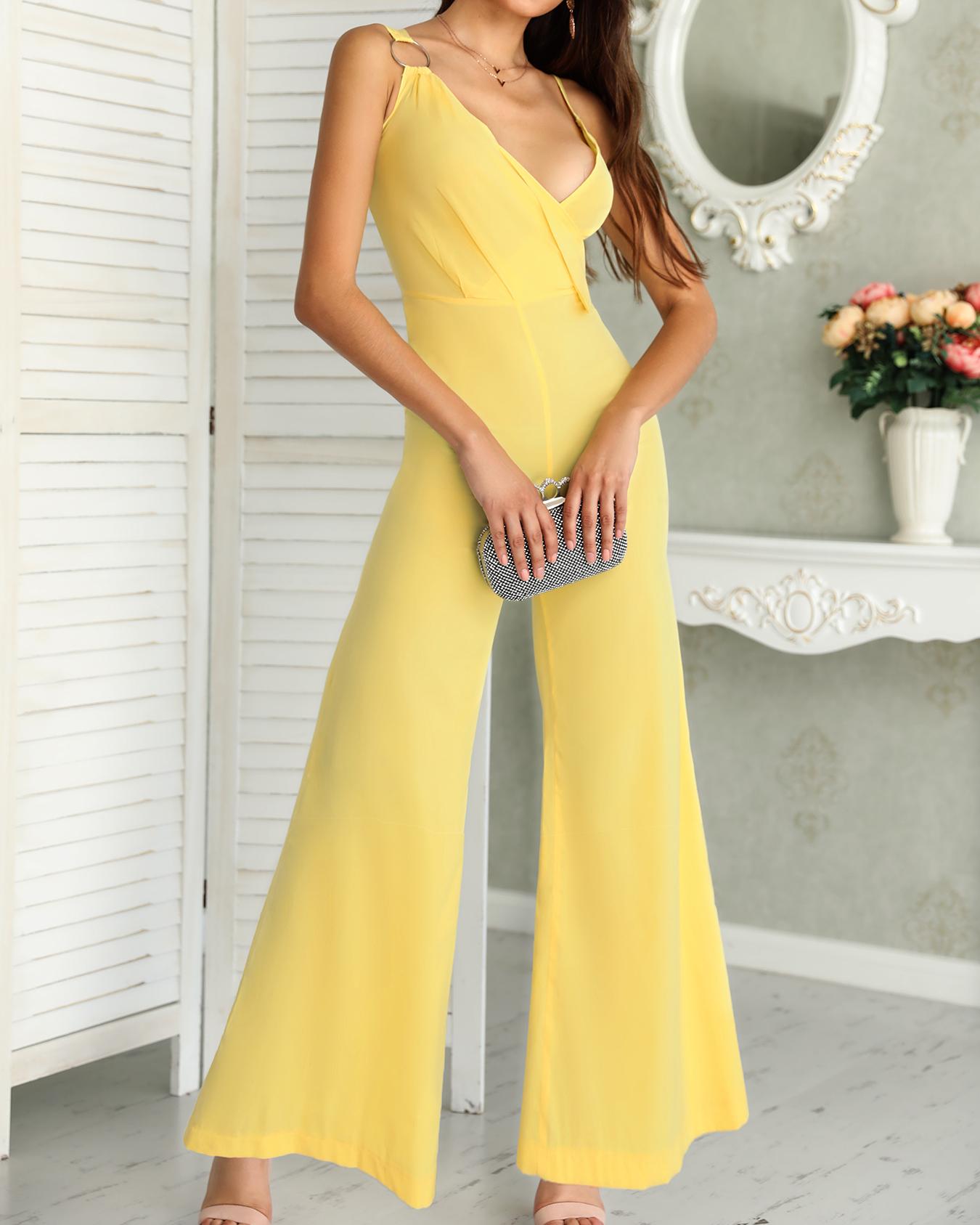 

Irregular Buckle Strap Wrap Wide Leg Jumpsuit, Yellow