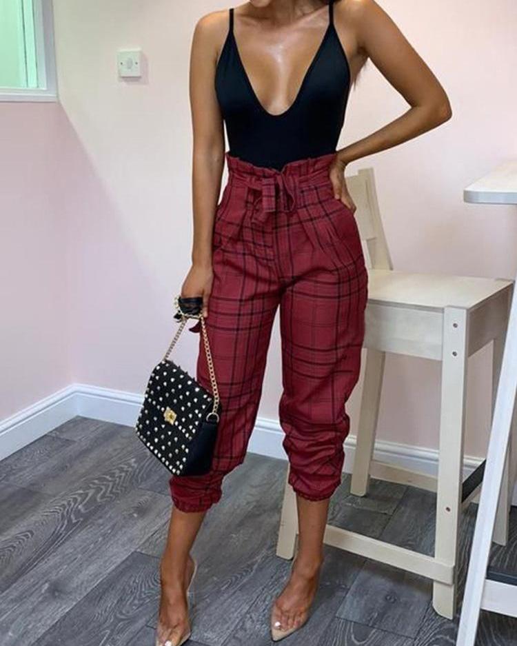

High Waist Plaid Tied Waist Casual Pants, Red
